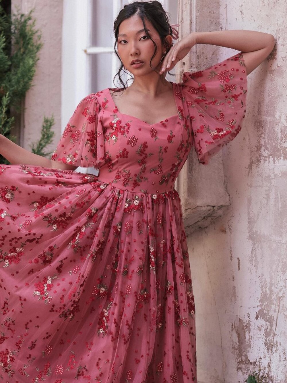 GUC JessaKae Scarlet Dress - Rose Pink Embroidered Tulle Midi Dress - Picture 3 of 11